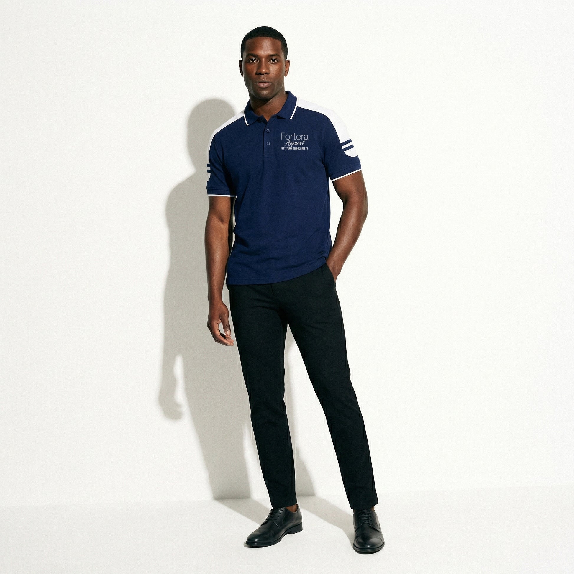 Navy work polo shirt with embroidered logo and white shoulder block panel - detail close-up
