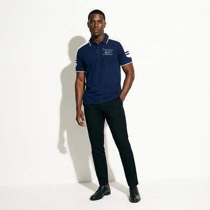 Navy work polo shirt with embroidered logo and white shoulder block panel - detail close-up