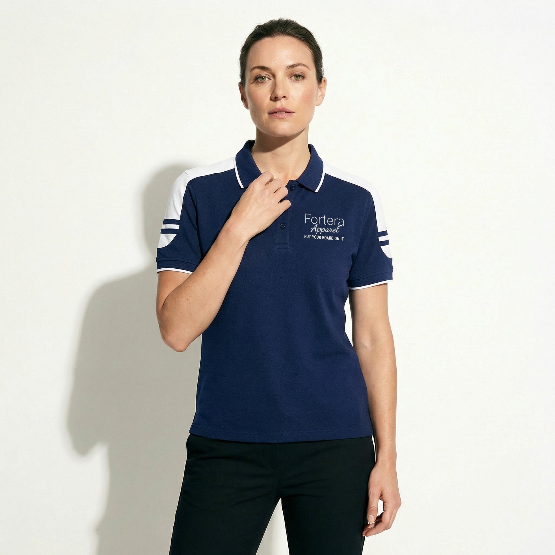 Navy work polo shirt with embroidered logo and white shoulder block panel - female fit
