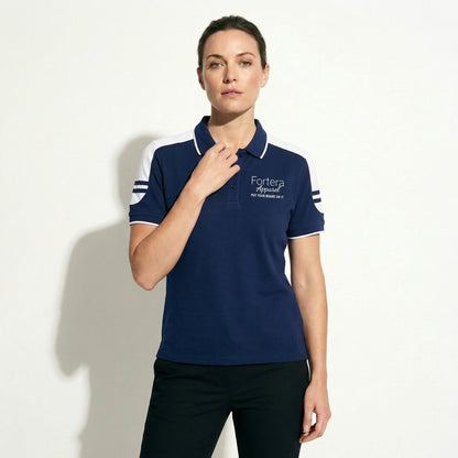 Navy work polo shirt with embroidered logo and white shoulder block panel - female fit
