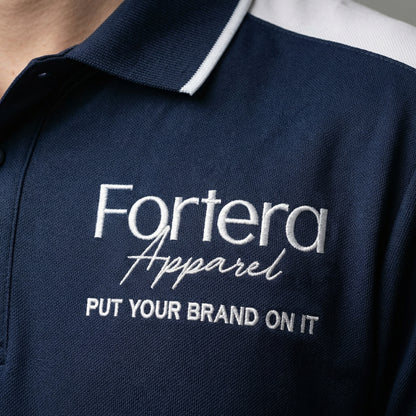 Navy work polo shirt with embroidered logo and white shoulder block panel - male fit