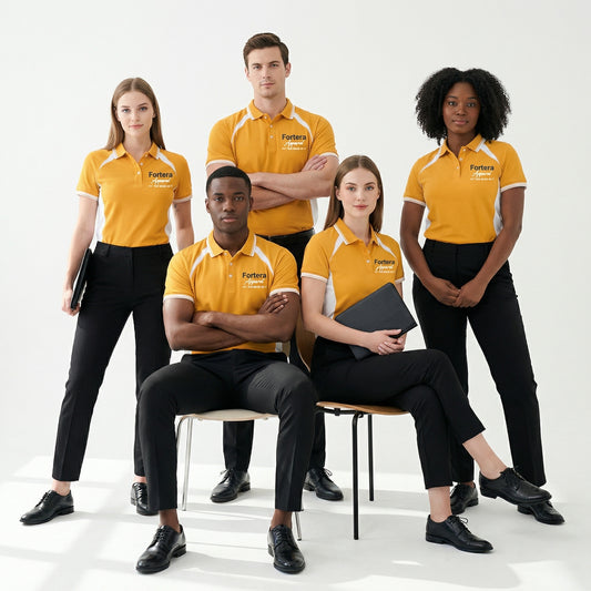 Amber yellow work polo shirt with embroidered logo and white shoulder panel