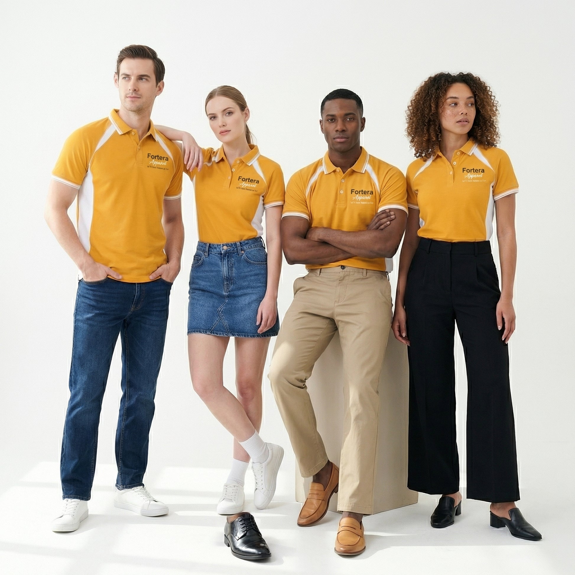 Amber yellow work polo shirt with embroidered logo and white shoulder panel - back view