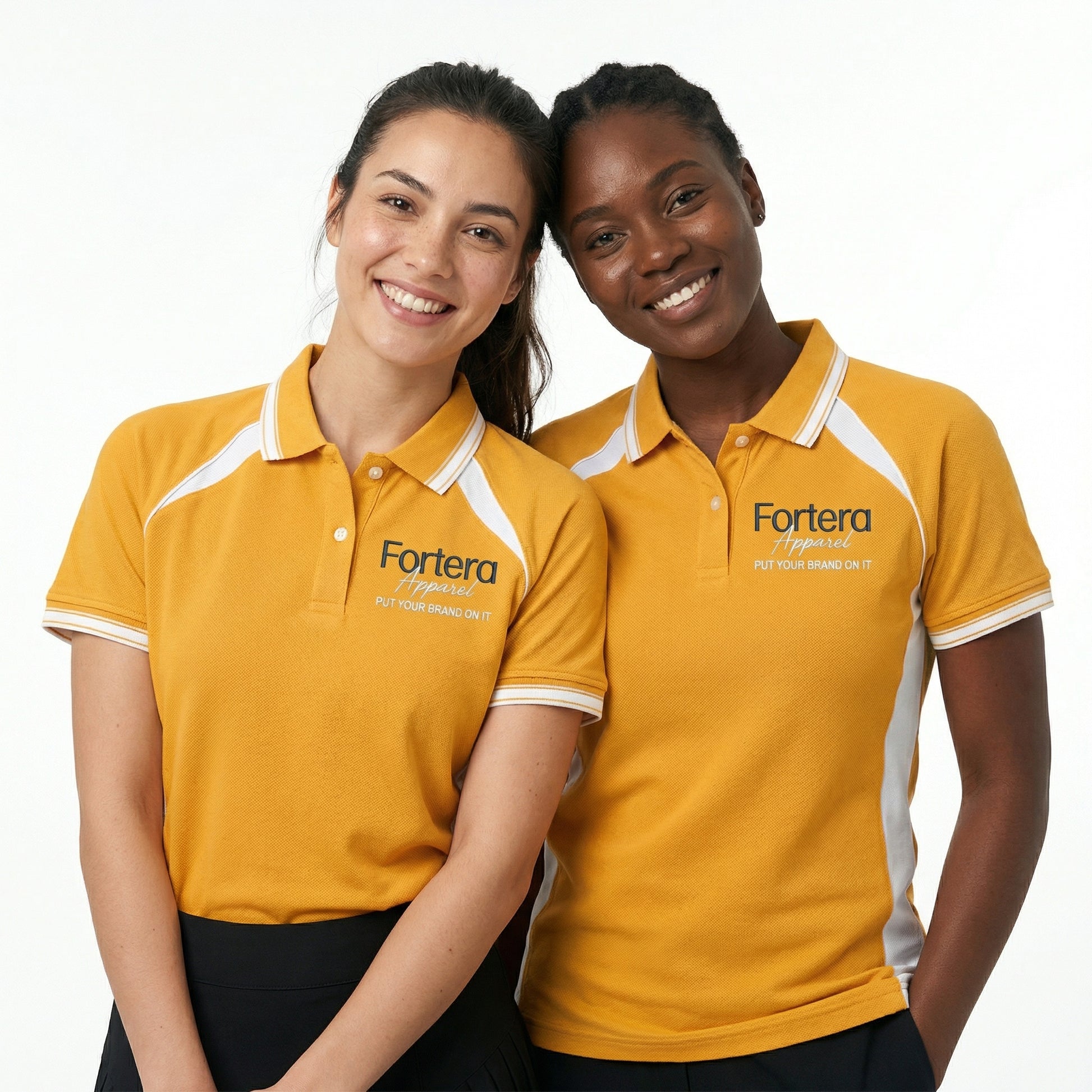 Amber yellow work polo shirt with embroidered logo and white shoulder panel - side view