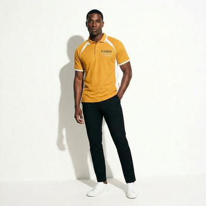 Amber yellow work polo shirt with embroidered logo and white shoulder panel - female fit