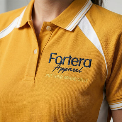 Amber yellow work polo shirt with embroidered logo and white shoulder panel - male fit