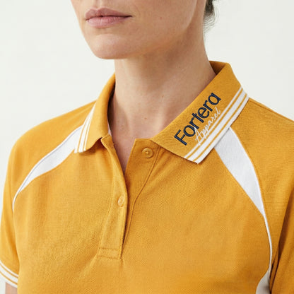 Amber yellow work polo shirt with embroidered logo and white shoulder panel - logo embroidery detail