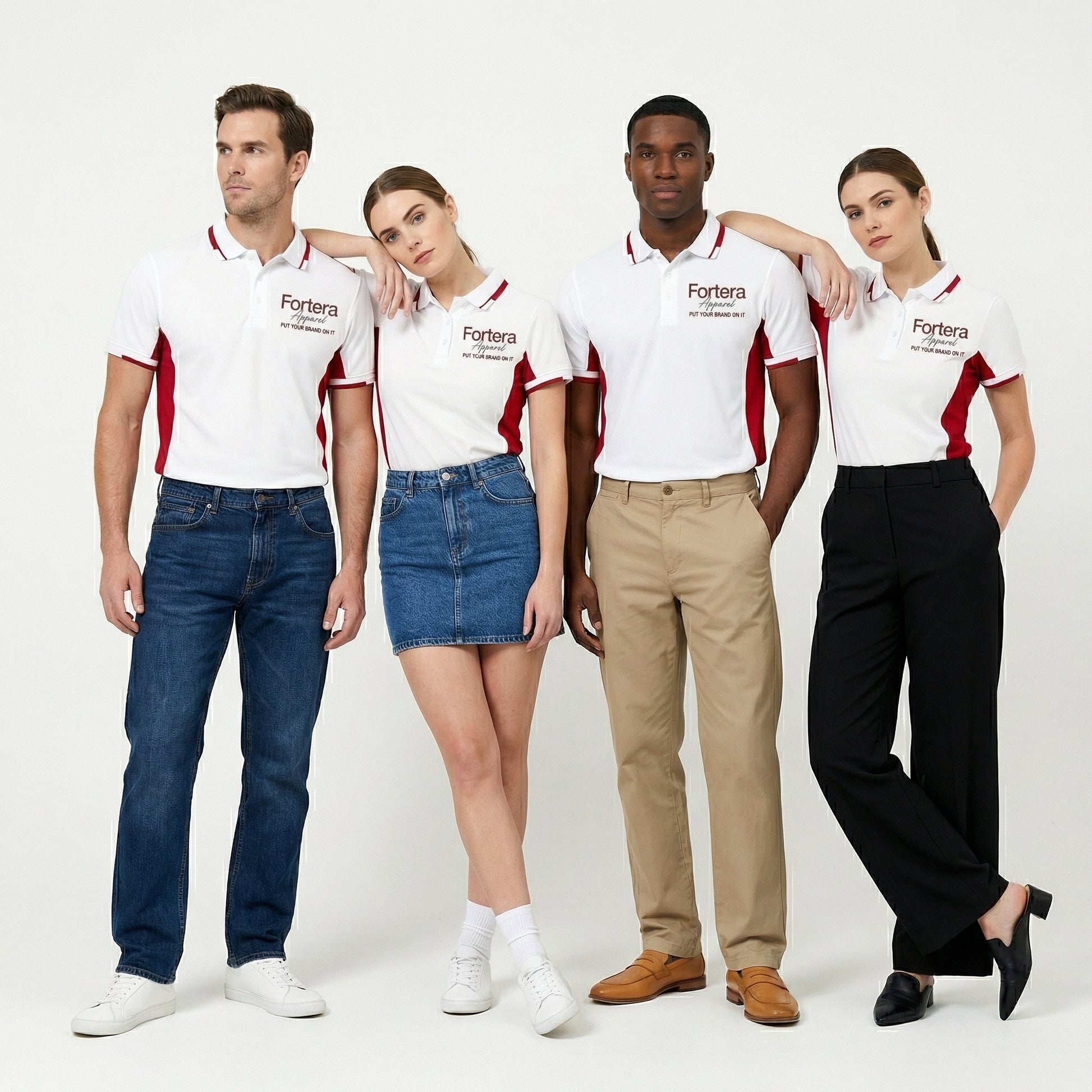 White work polo shirt with embroidered logo and red side panel - back view