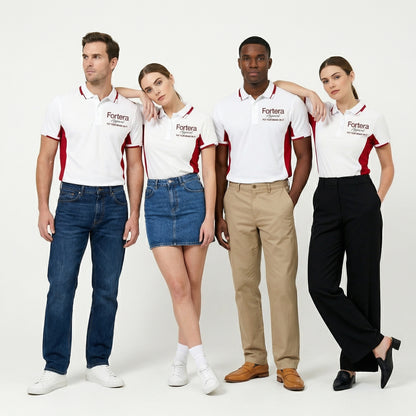 White work polo shirt with embroidered logo and red side panel - back view