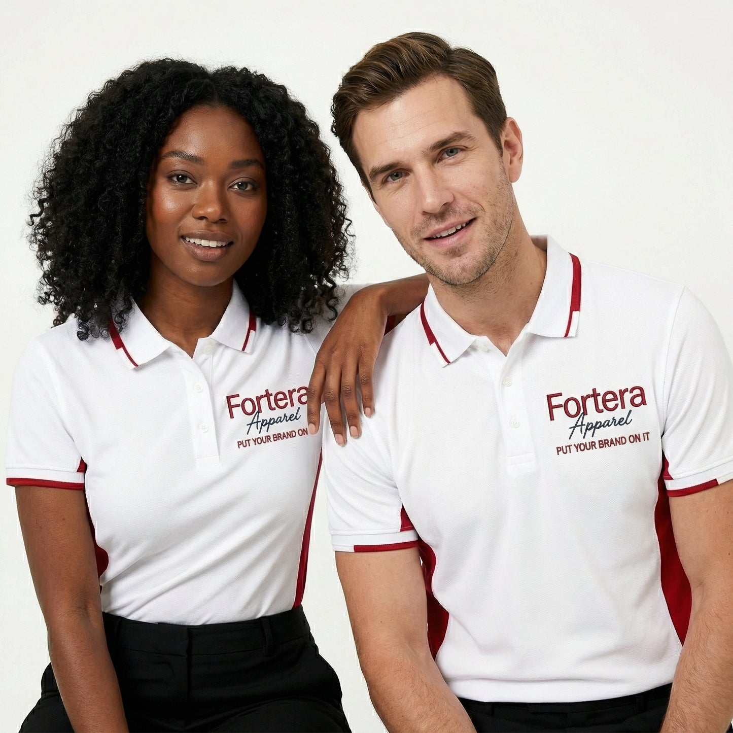White work polo shirt with embroidered logo and red side panel - side view