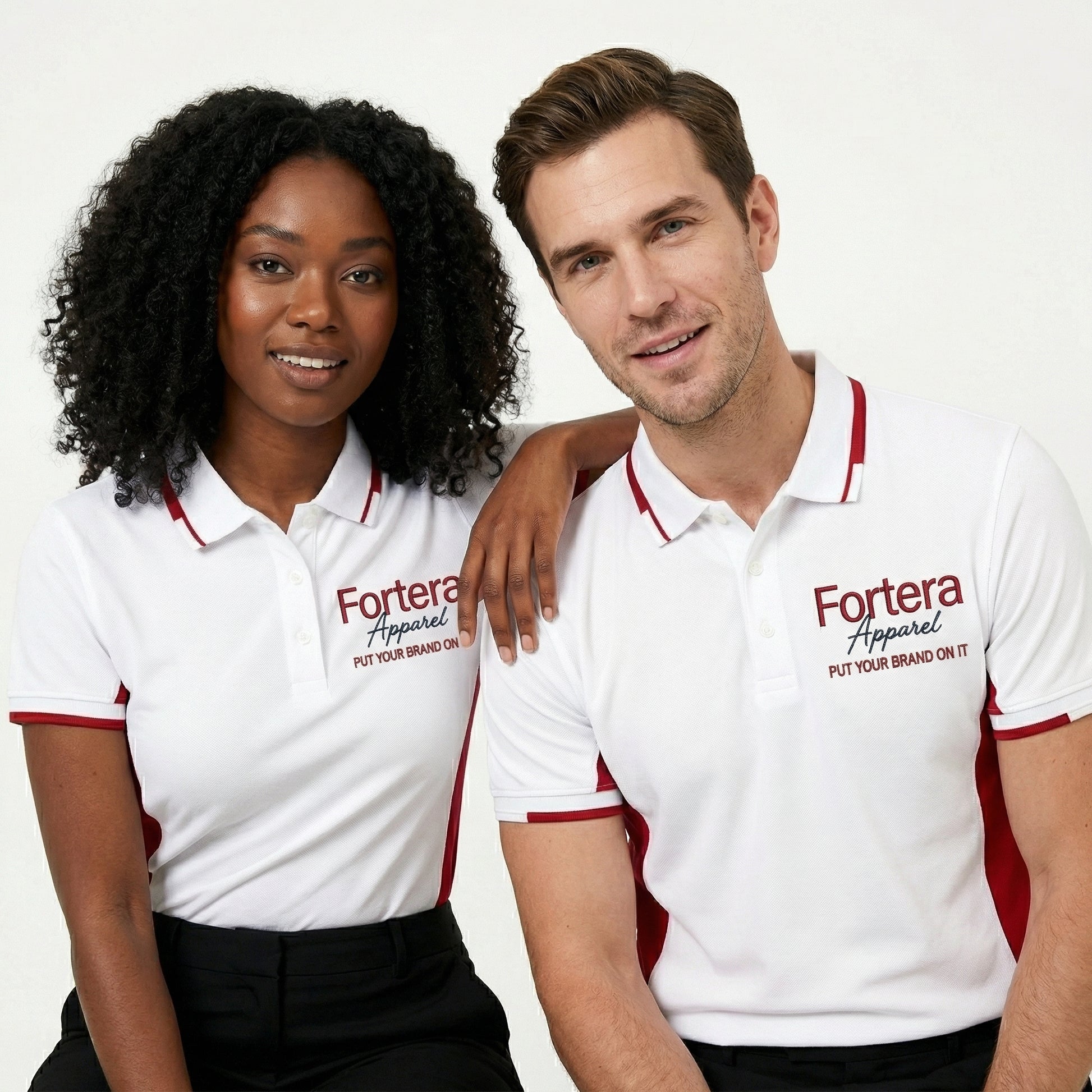 White work polo shirt with embroidered logo and red side panel - side view