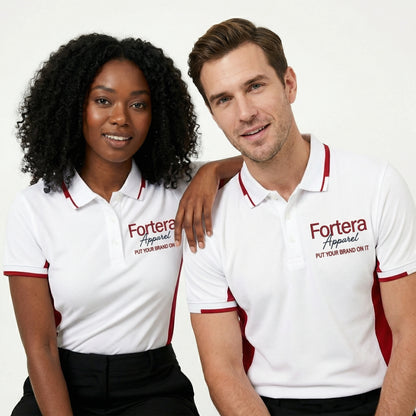 White work polo shirt with embroidered logo and red side panel - side view