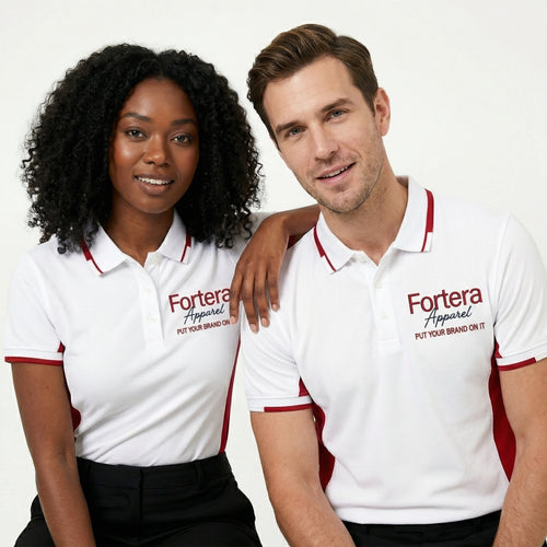 White work polo shirt with embroidered logo and red side panel - side view
