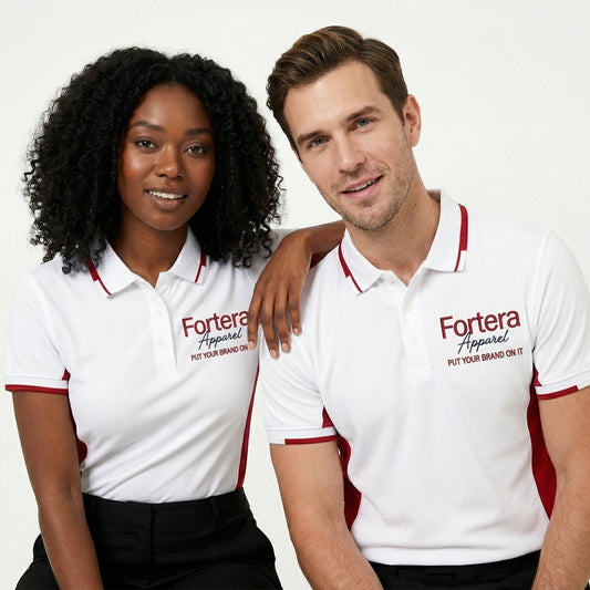White work polo shirt with embroidered logo and red side panel - side view