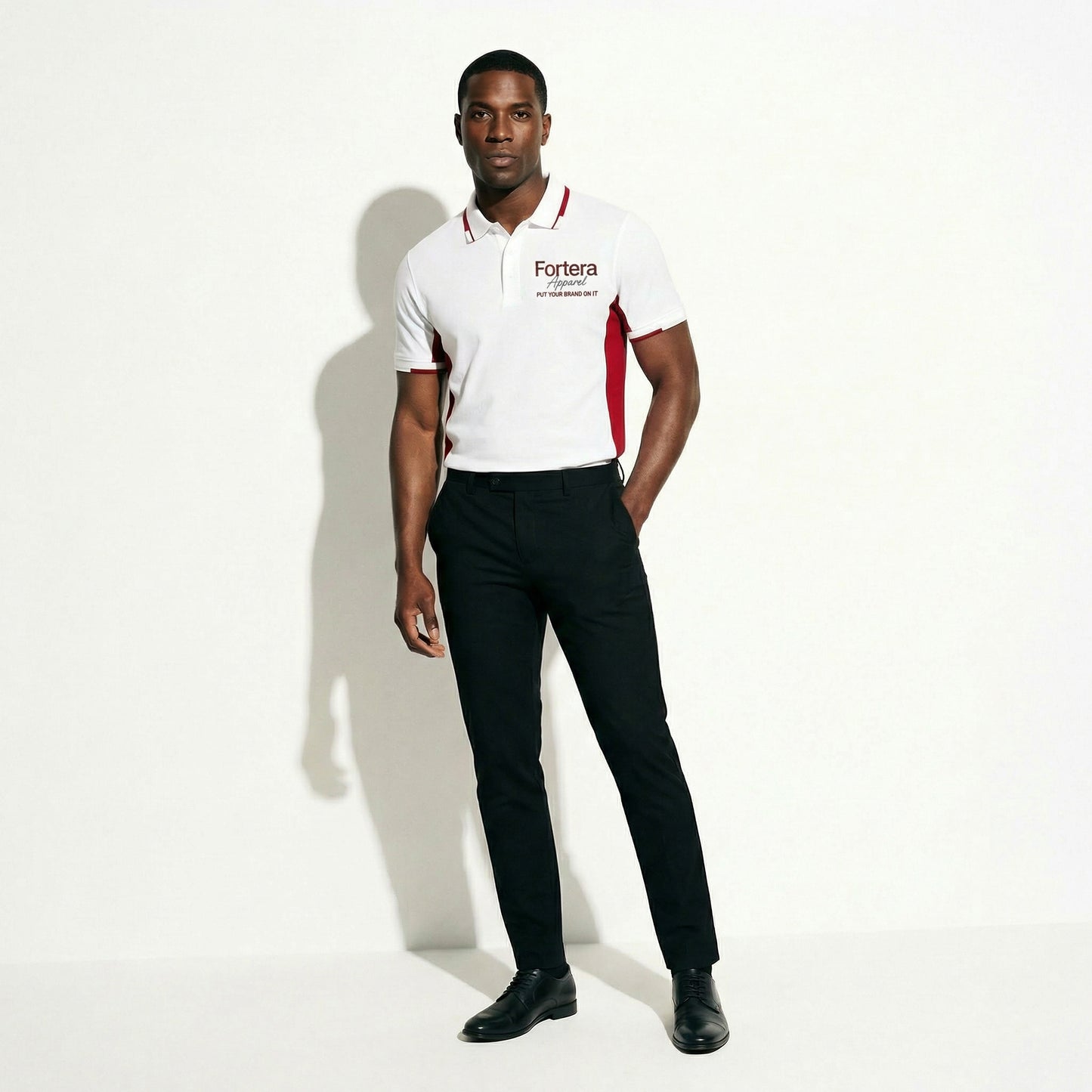 White work polo shirt with embroidered logo and red side panel - female fit