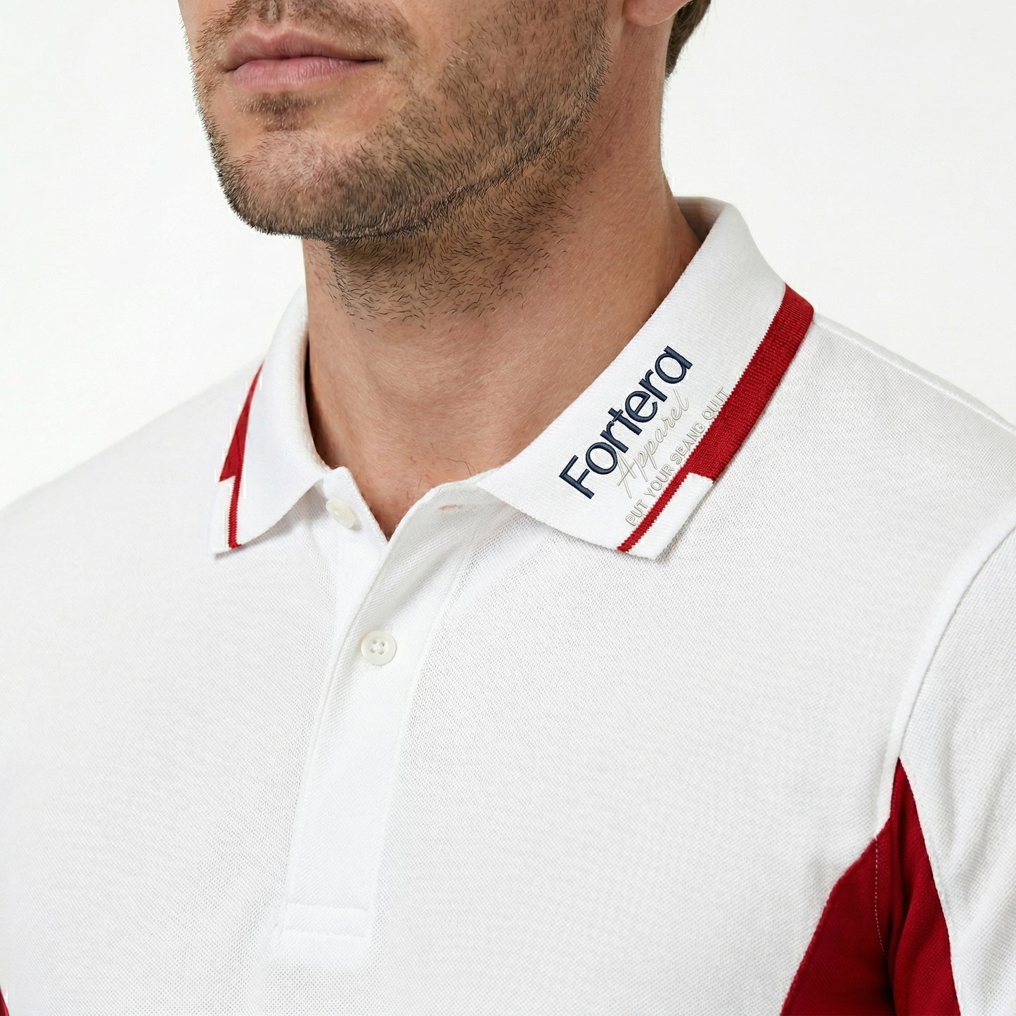 White work polo shirt with embroidered logo and red side panel - logo embroidery detail